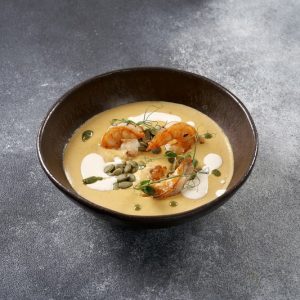 Тыквенный суп с тигровыми креветками